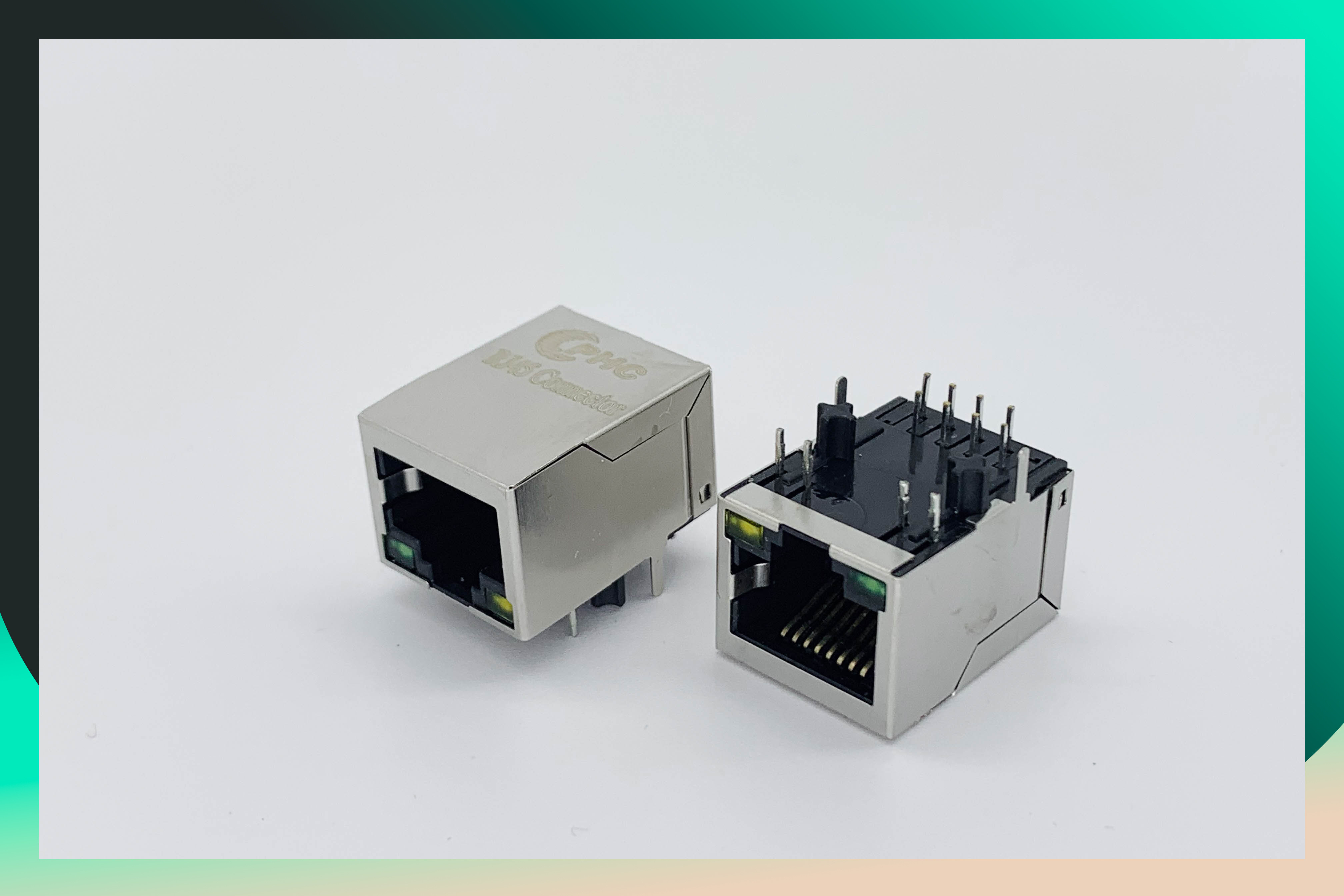 Однопортовый разъем RJ45 со встроенными магнитами 10/100 Base-T, зеленым/желтым светодиодом, вкладкой вниз,