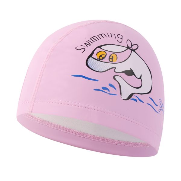 Cartoon dolphin waterproof PU long hair fabric ear protection kids swimming pool water sport swimming cap hat for boys
