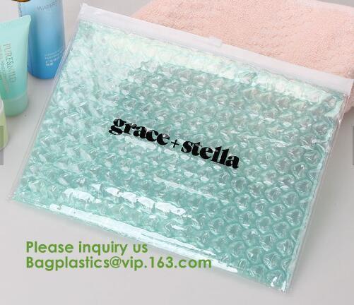 Compostable metallic glossy holographic private label bubble mailing bag, zip slider clear glitter bubble pouch bag