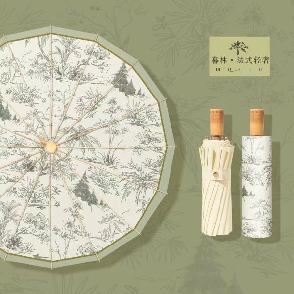 Travel Bamboo Handle Three 3 Folding Manual Custom Umbrella with Logo UV Coating