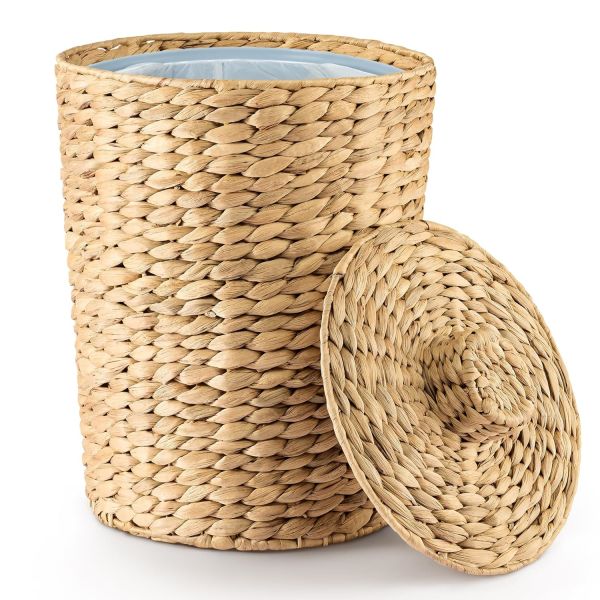 Wicker Waste Basket - Water Hyacinth Bathroom Garbage Can With A Lid - Bathroom Trash Can Boho Style - Wicker Trash Can With Lid For Household, Kitchen - Removable Liner, Iron Frame