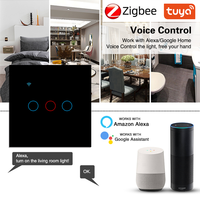 Умный переключатель UBARO Tuya Zigbee с поддержкой голосовой активации, настенный, 3 группы, 10A, черный, через приложение/сенсорное управление, обмен временем