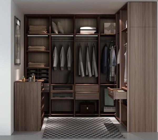Custom Furniture Walnut wood Built Walk in Wardrobe Closet with Cloth display racks and Storage Cabinets