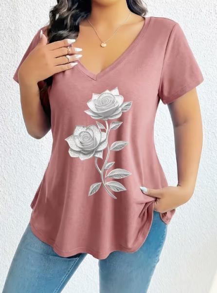 2026 New Arrival: Plus-Size Printed Short-Sleeve T-Shirt for Women – Casual, V-Neck, Loose-Fitting, Comfortable, and Versatile Top