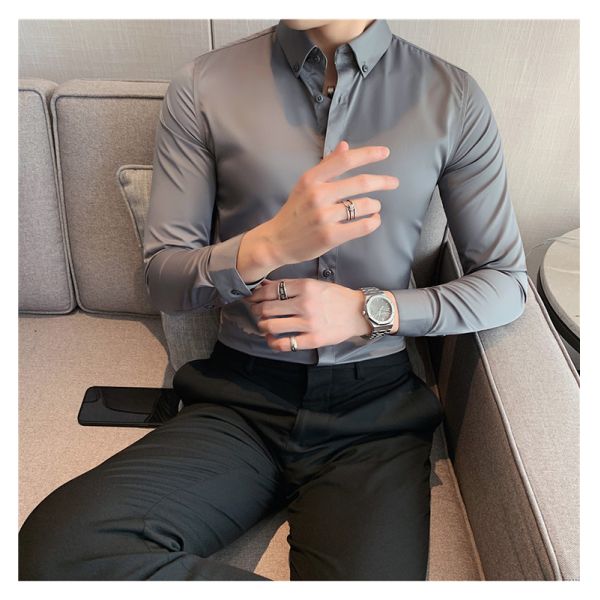 Men's Fashionable Business Casual Shirt Plain Solid Long Sleeve Slim Fit Office Shirts
