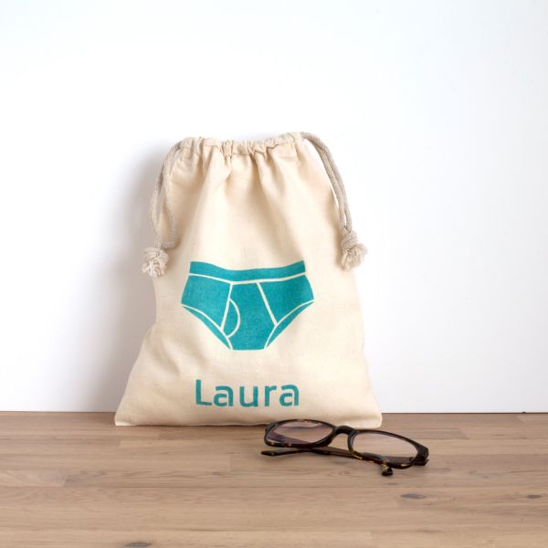 Underwear bag - hand printed customised text in blue on cotton bag -