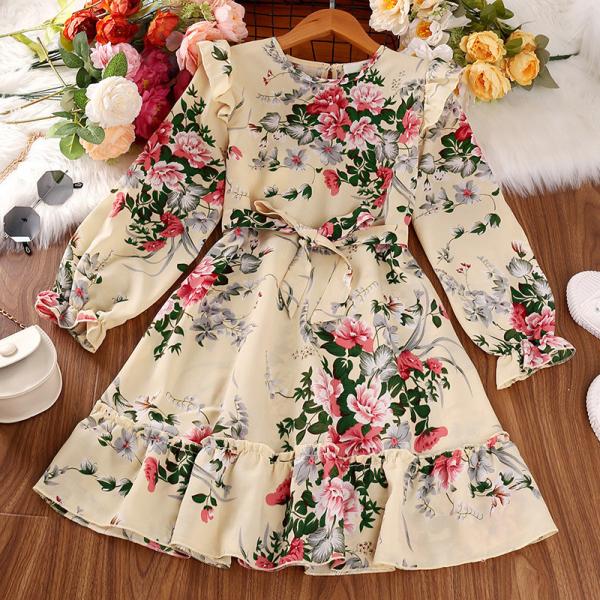 Spring Children'S Clothing Girls Long Sleeve Dress Vintage Floral Print Dress