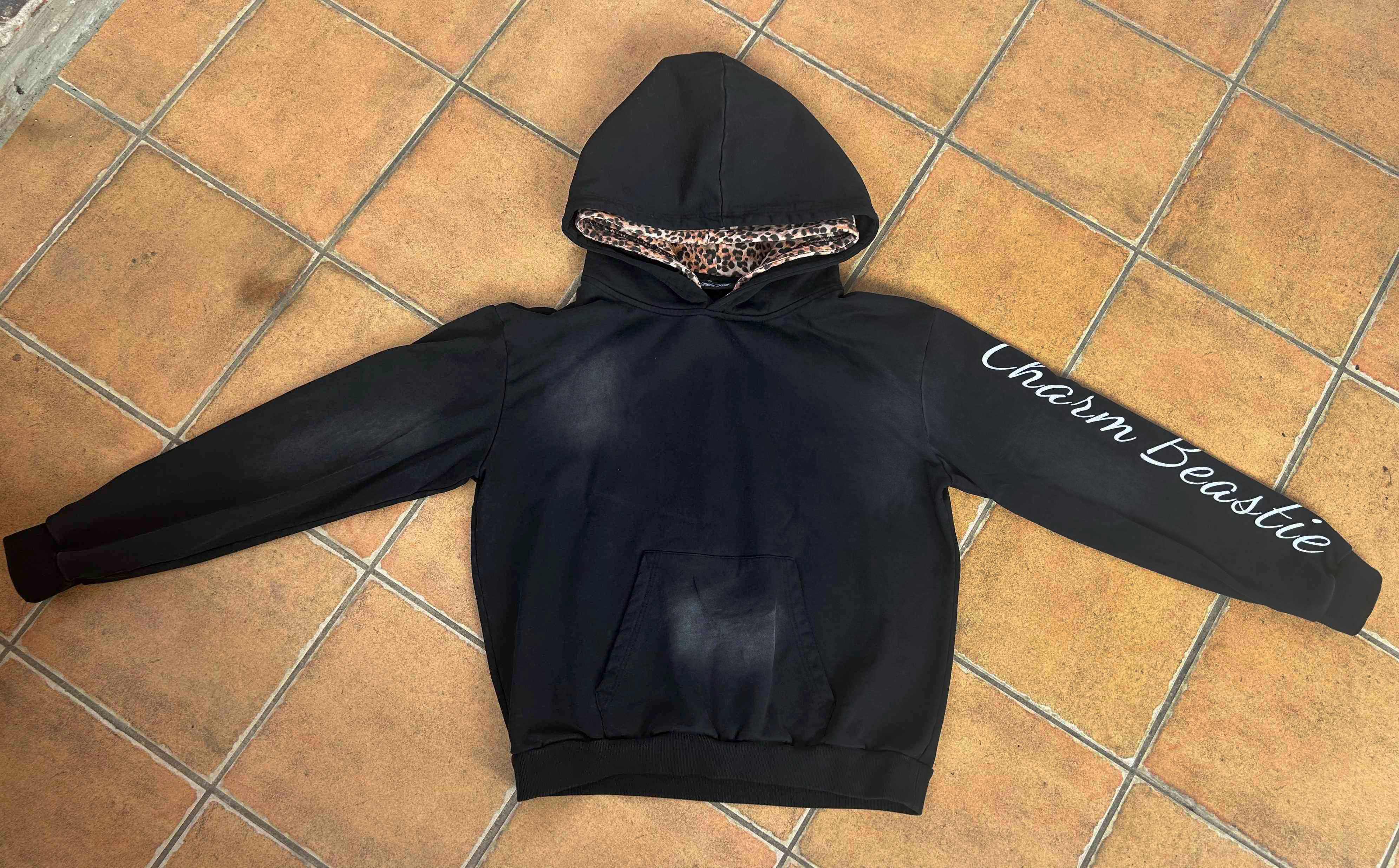 Vintage Faded Washed Hoodie, Leopard Print Lined Hood Oversized Black Sweatshirt for Men