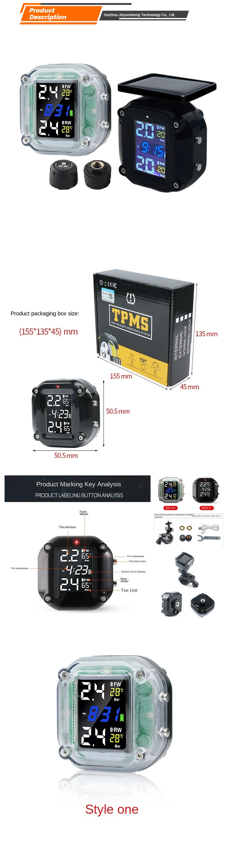 Motorcycle TPMS 12V Universal Fit Tire Pressure Monitoring System Solar Powered Display External Sensors