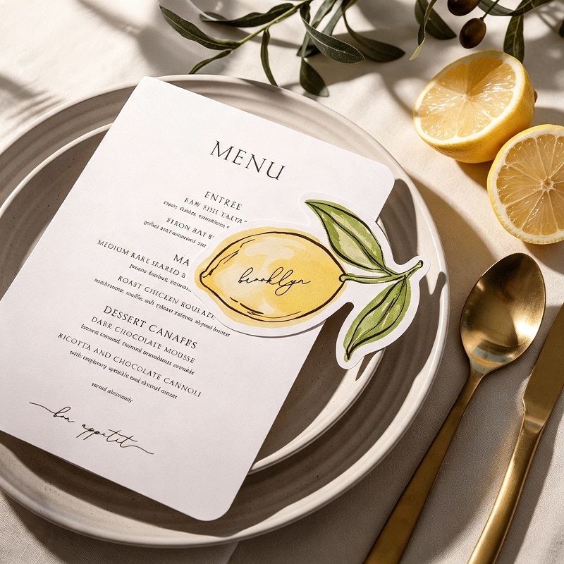 Die-Cut Food And Drink Illustration Menu Cards With Place Cards For Events