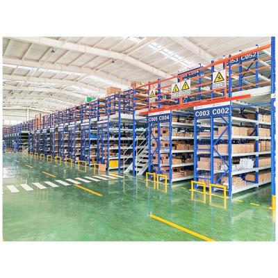 2 Tier Storage Shelf for Industrial Mezzanine Racking in Blue/Orange/Yellow/Grey