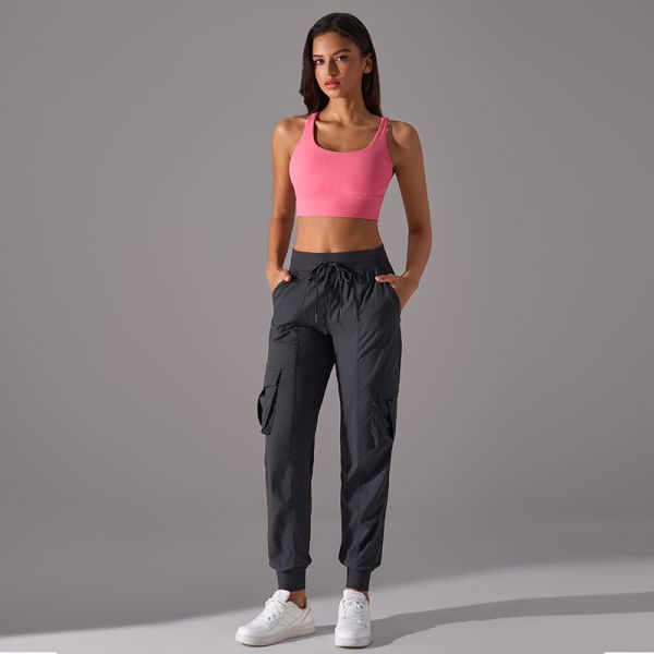 Women's Beige Nylon Cargo Pants Drawstring Multi Pocket Lightweight Elastic Cuffed