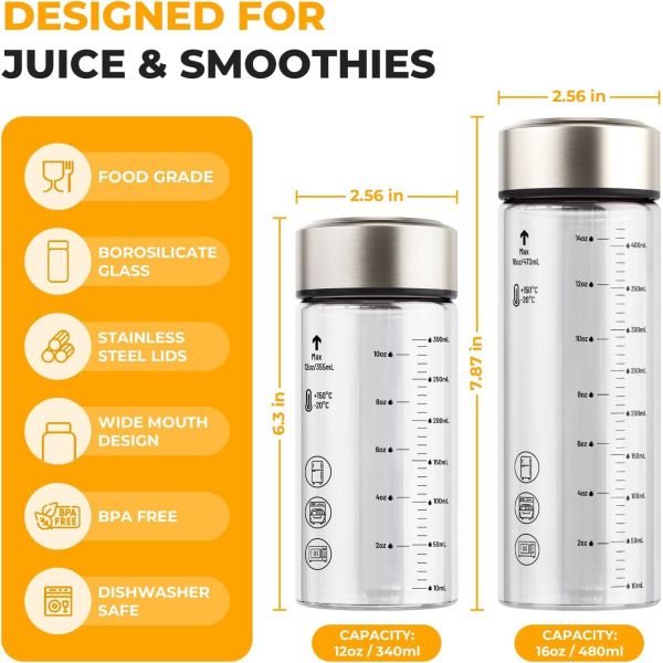 Glass Juice Bottles Pack 16 Oz – Wide Mouth Reusable Bottles With Stainless Steel Lids – Heat-Resistant Borosilicate Glass, BPA Free, Leakproof For Juicing, Smoothies, Milk, Infused Water