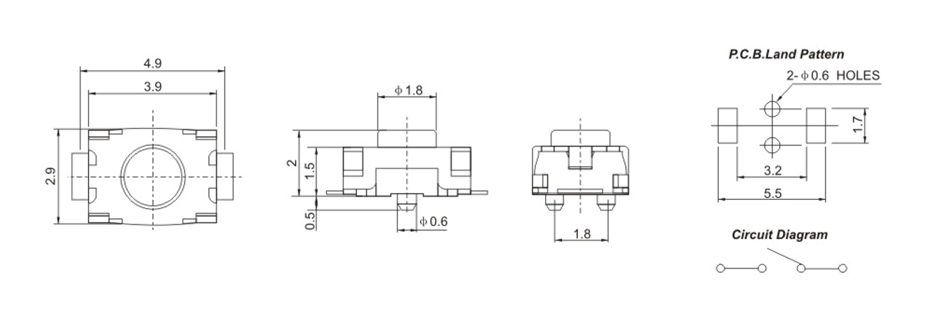 Pin переключателя 2 тактичности кнопки 50VDC Макс 3.9x2.9mm SMD