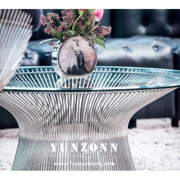 Luxury Mid-Century Modern Accent Round Platner Coffee Table Tempered Glass Top with Metal Wire Base