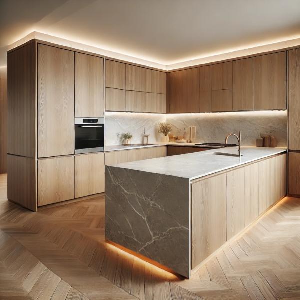 Contemporary Matt Cupboard Lacquer Kitchen Cabinets with Island Wood Veener Kitchen Set