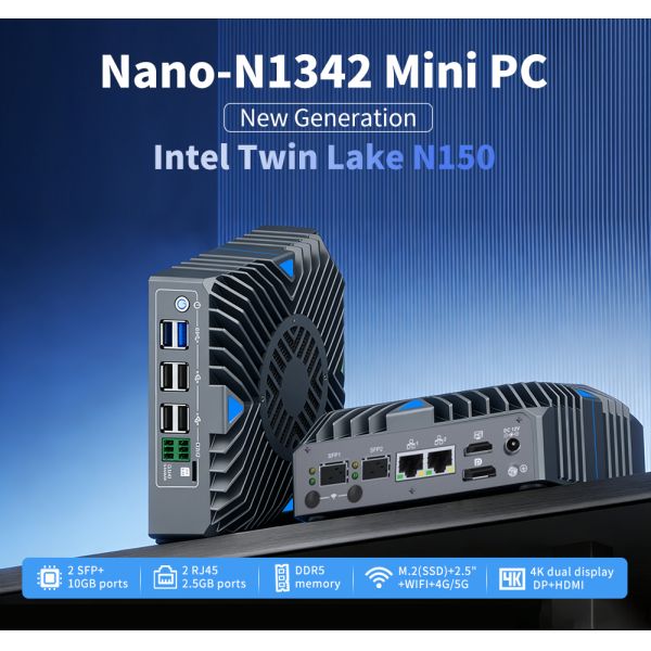 Mini PC Firewall Appliance with Dual 10GbE SFP+ Ports, Quad Core N150 Processor, and DDR5 Memory for IoT Edge Gateway