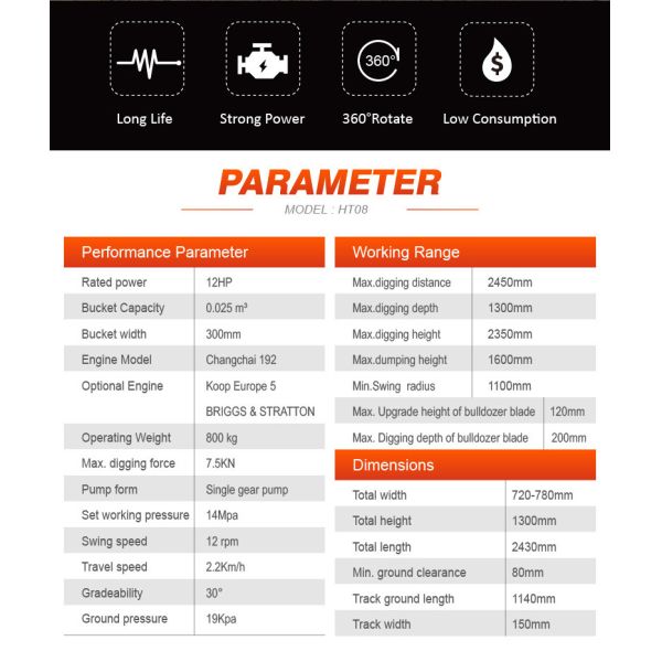 HT08 800kg Mini Excavator with 12HP Engine and 0.025m³ Bucket
