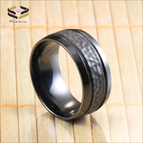 Third Party Appraisal Geometric 8mm Custom Dome Edge Hammered Two Gear Pattern Black Zirconium Ring for Men Wedding Band