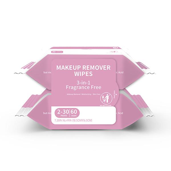 Deux paquets de 30 pièces chacun: lingettes pour maquillage biodégradables, sans parfum, sans alcool