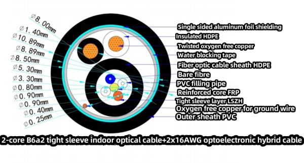 FTTH Waterproof Cable 2-core B6a2 Tight Sleeve Indoor Optical Cable with Hybrid Cable