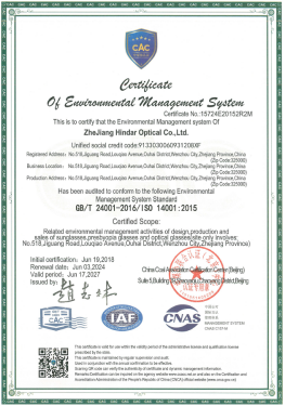 Zhejiang Hindar Optical Co., Ltd Certifications