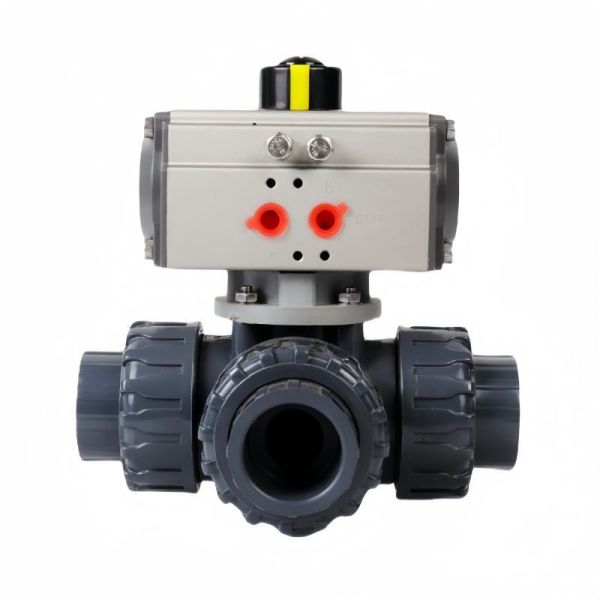 Industrial UPVC Pneumatic Three Way Ball Valve L T Flow Type Socket Union Anti Acid Alkali PVC Ball Valve for Chemical Industry