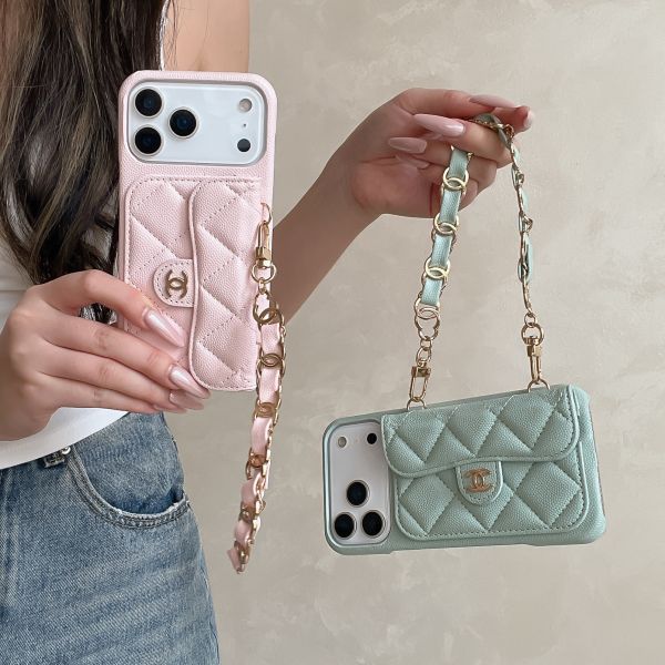 Lychee Pattern Card Holder iPhone 17 Pro Max Phone Case with Handheld Short Chain Leather 16 Pro Protective Cover