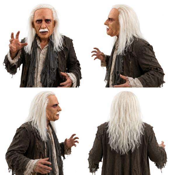 Long White Hair Old Man Latex Full Head Mask with White Mustache, Realistic Wrinkles, Aged Skin Texture and Visible Eye Openings for Halloween Party Cosplay Costume Photo Video Props