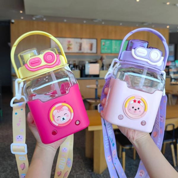 Student Plastic Water Bottle with Handle and Shoulder Strap 980ml Cartoon Design