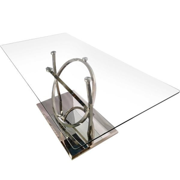Luxury Silver Metal Dining Table With Clear Glass For Dining Room