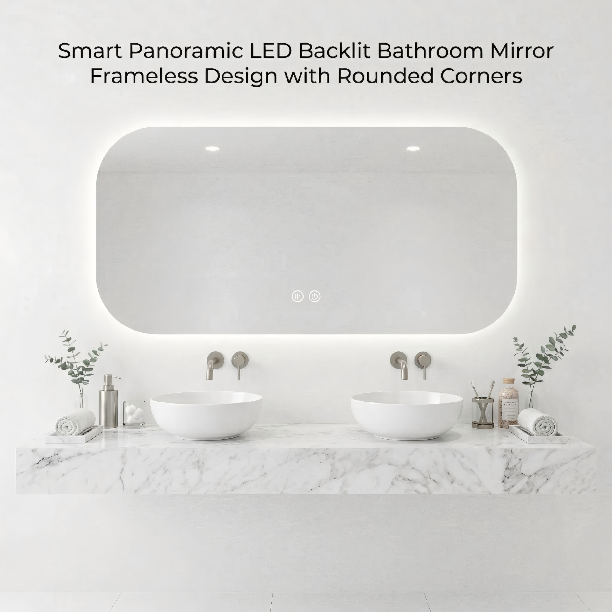 Kingstin Panoramic Frameless Smart LED Bathroom Mirror - Rounded Backlit Vanity Mirror with Defogger & Time Display