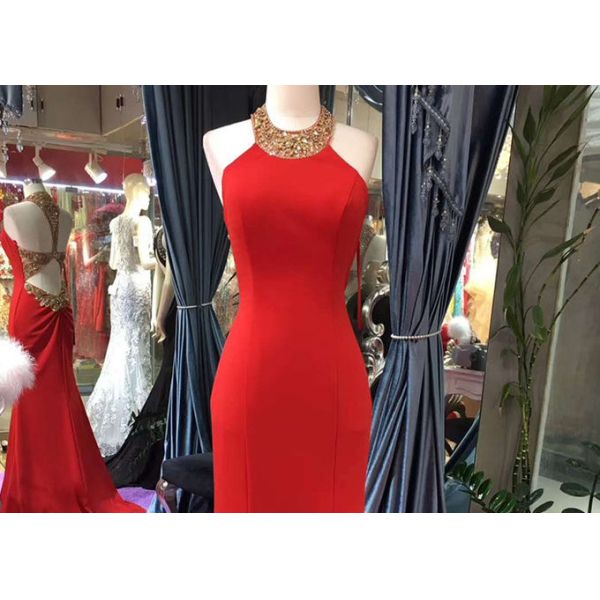 Gold Mermaid Style Red Dress Hanging Neck Luxury Heavy Beading Hollow Back