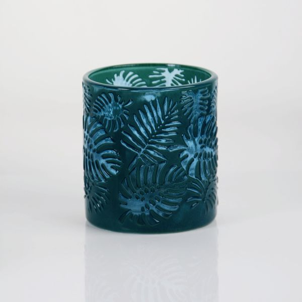 Embossed Tropical Monstera Leaf Glass Candle Holder with 200ml Capacity in Lead-Free Crystal Glass