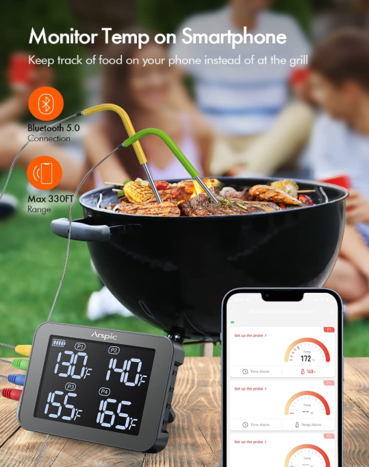 SS304 Grill / Barbecue Meat Thermometer Bluetooth Remote Monitor with 4 probes