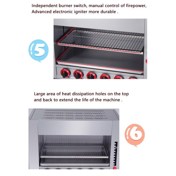 6 Горящий газовый инфракрасный саламандр Грилл Печь подъемник для пищевой промышленности