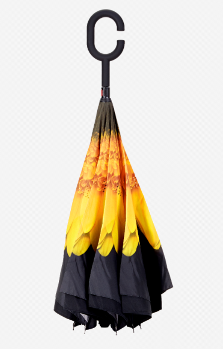 Реверсивный полиэстерный зонтик с прочными металлическими ребрами и удобной резиновой рукояткой