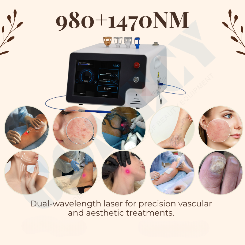 Multi-functional 3 Wavelengths 980 1470 635nm Diode Laser Machine for Spider Vein Removal Fat Reduction and Tissue Regeneration 30W