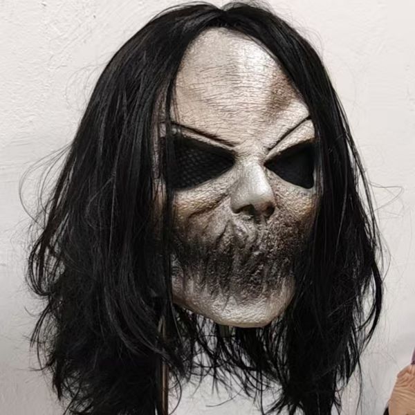 Realistic Sinister Ghoul Mask with Black Wig - Gory Jaw, Blackout Eyes - Halloween, Horror, Zombie Cosplay Costumes, Spooky Display