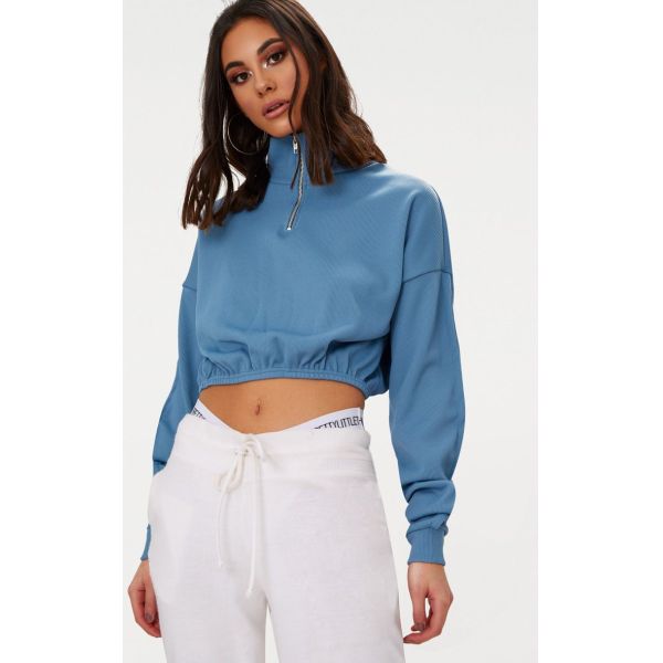 Zip front crop sweater long sleeves blue