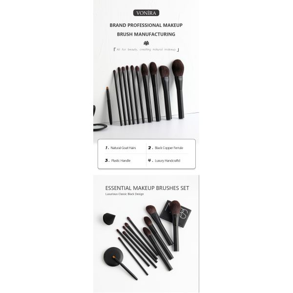 Vonira Beauty Premium Natural Hair 11 Pieces Cosmetic Makeup Brushes Set OEM ODM