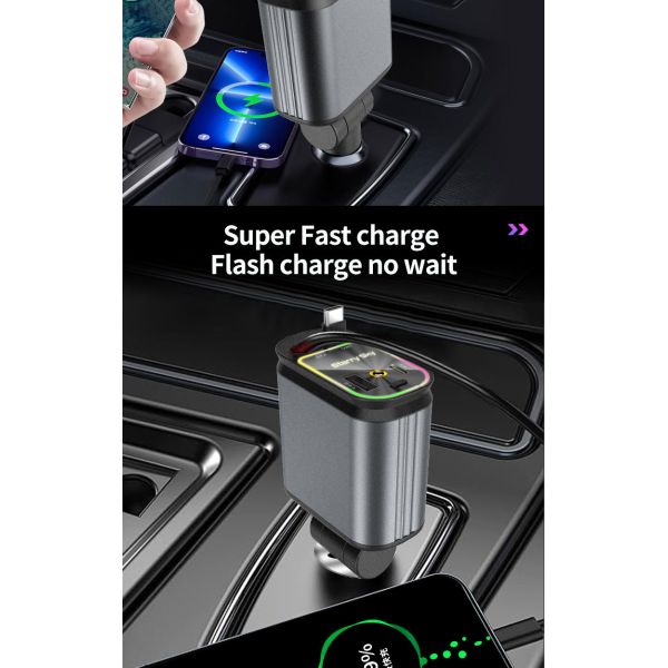 Fast Charging 4 Port Retractable Car Charger 66W With Star Galaxy Light