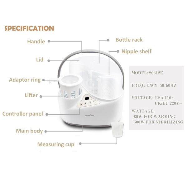 Stérilisateur électrique pour biberons 80W/500W à vapeur 28x26x25cm