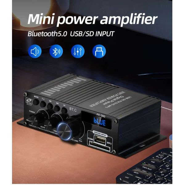 AK-380 2.0 Channel Bluetooth v5.0 Audio Amplifier with 100-300W Output Power for Home Theater