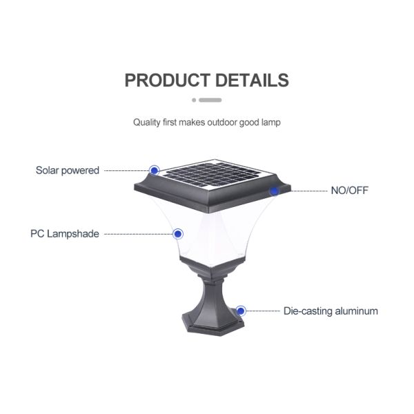 Die Cast Aluminium 30W Solar Pillar Light Garage Fence Decoration post lamp