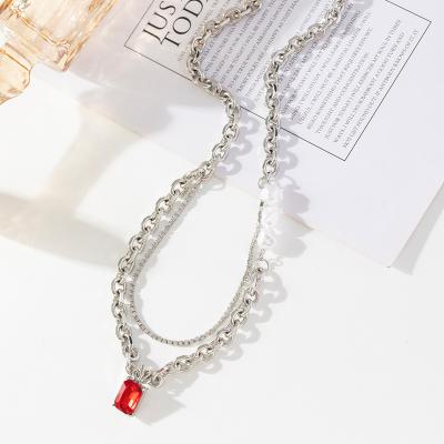 Fashion Red Square Stone Necklace Double Layer Pearl Chain Necklace For Women Jewelry Gifts