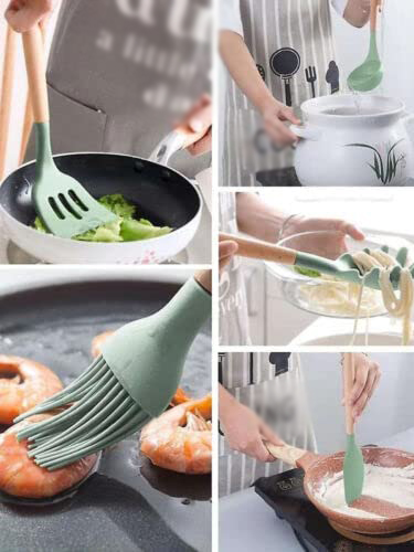 18-Piece Green Silicone Cookware Set with Storage Bucket Non-stick Spatula Included