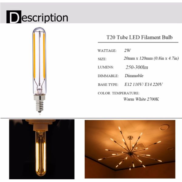 шарики светлое 2700K 240V E14 нити СИД Edison ясности 2W 4W T20 трубчатые