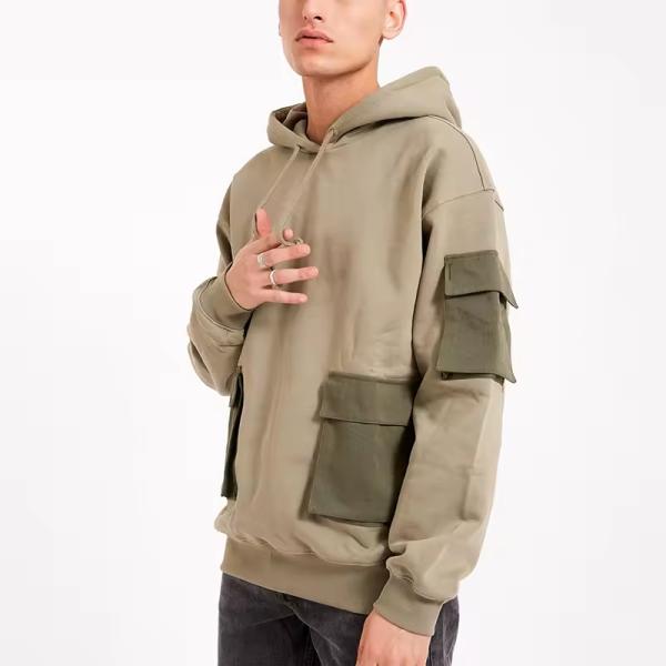 New Design Custom Relaxed Fit Heavyweight Hoodie Patchwork Multi Cargo Pocket Plus Size Men's Hoodie