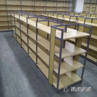 Wooden Grocery Gondola Shelving Multi Layers Cold Rolled Steel Material economic style